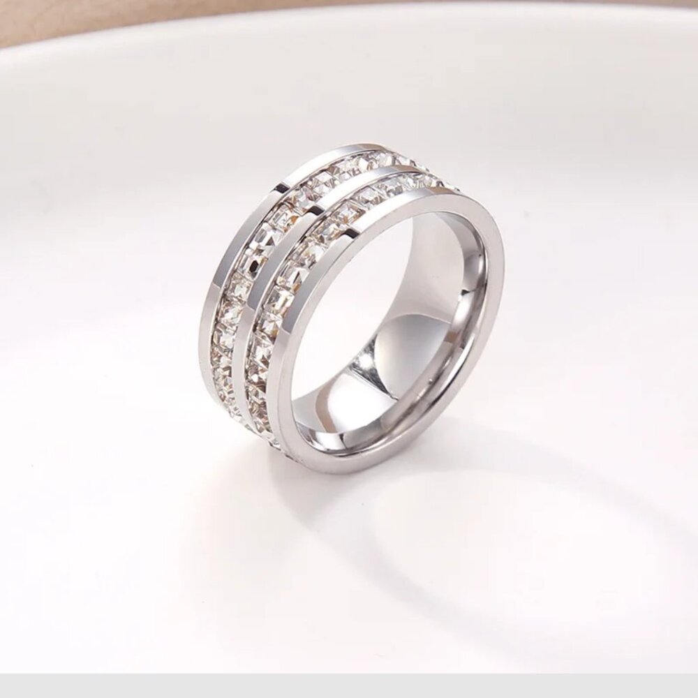 Double row square zircon silver stainless steel ring - Picture 3 of 4